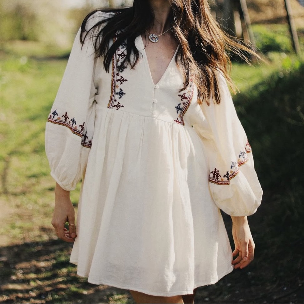 Zara viral boho White Mini Dress with Embroidered Details